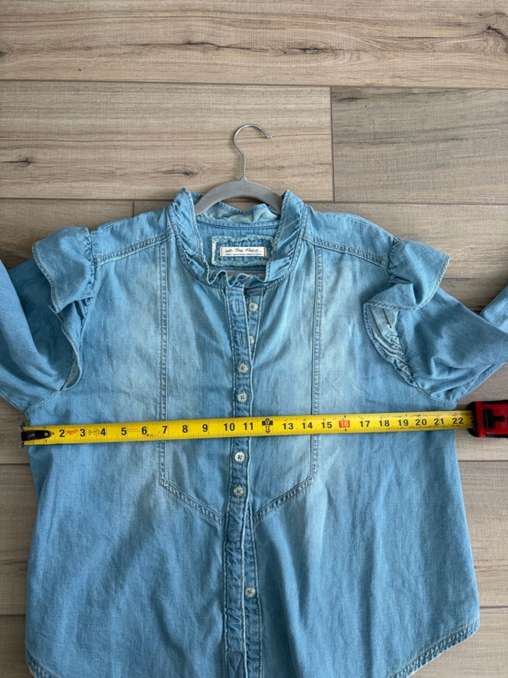 Free People Louise Denim Light Wash Button Down Ruffle Detail Blouse S - Picture 8 of 8